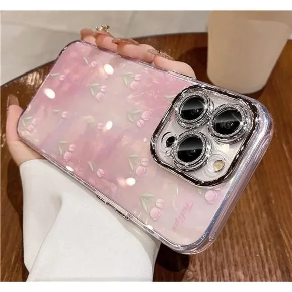 Iphone 16 16 Pro 16 Pro Max Cute Pink Tulip Floral Glitter Protective Cover - Picture 4 of 6